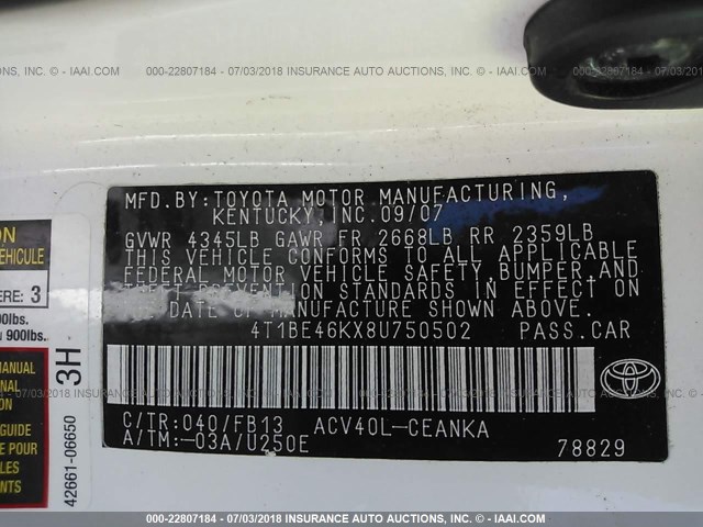 4T1BE46KX8U750502 - 2008 TOYOTA CAMRY CE/LE/XLE/SE WHITE photo 9