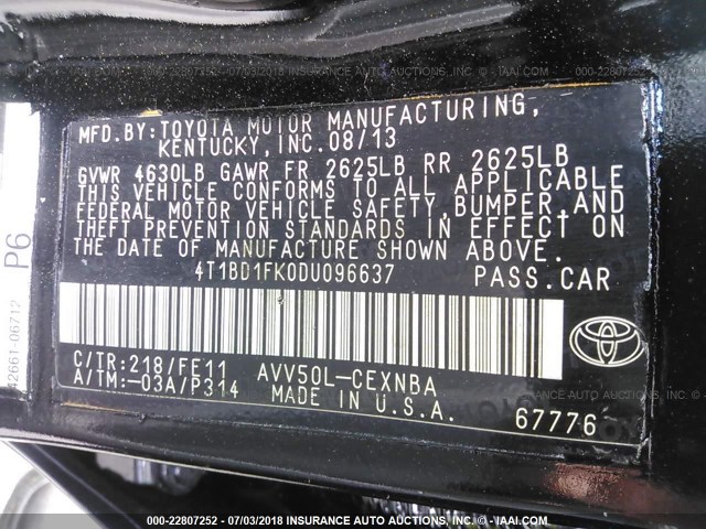 4T1BD1FK0DU096637 - 2013 TOYOTA CAMRY HYBRID/LE/XLE 黑色 照片 9