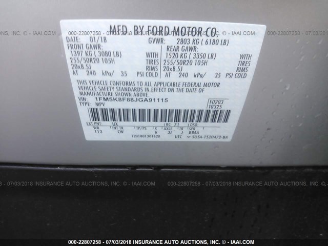 1FM5K8F88JGA91115 - 2018 FORD EXPLORER LIMITED 银色 照片 9