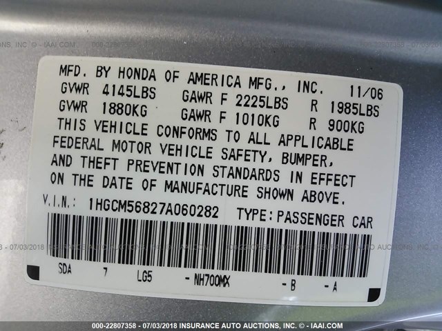 1HGCM56827A060282 - 2007 HONDA ACCORD EX SILVER photo 9