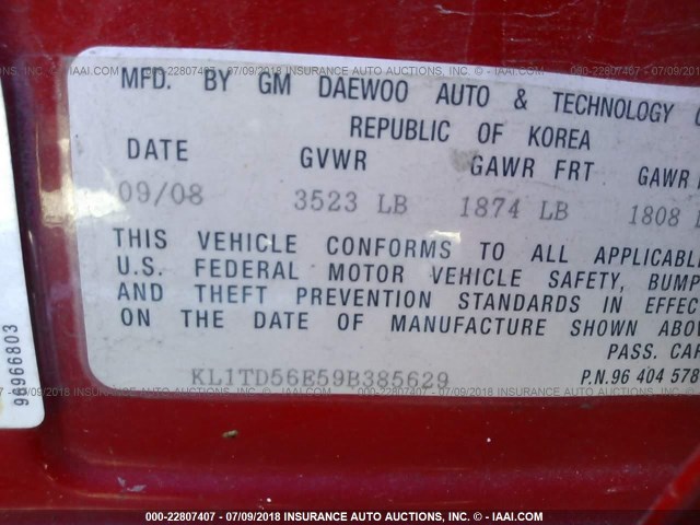 KL1TD56E59B385629 - 2009 CHEVROLET AVEO LS/LT 红色 照片 9