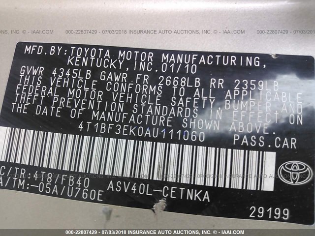 4T1BF3EK0AU111060 - 2010 TOYOTA CAMRY SE/LE/XLE ოქროსფერი ფოტო 9