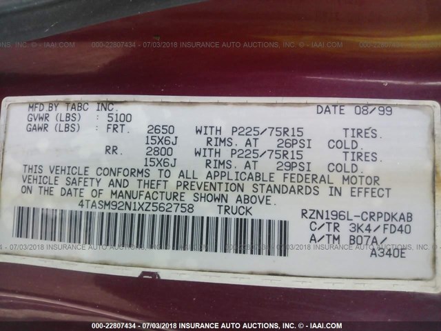 4TASM92N1XZ562758 - 1999 TOYOTA TACOMA XTRACAB PRERUNNER MAROON photo 9