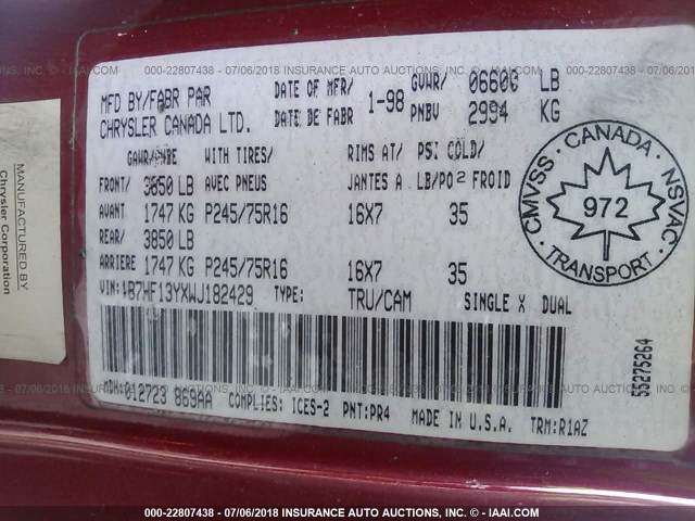 1B7HF13YXWJ182429 - 1998 DODGE RAM 1500 RED photo 9