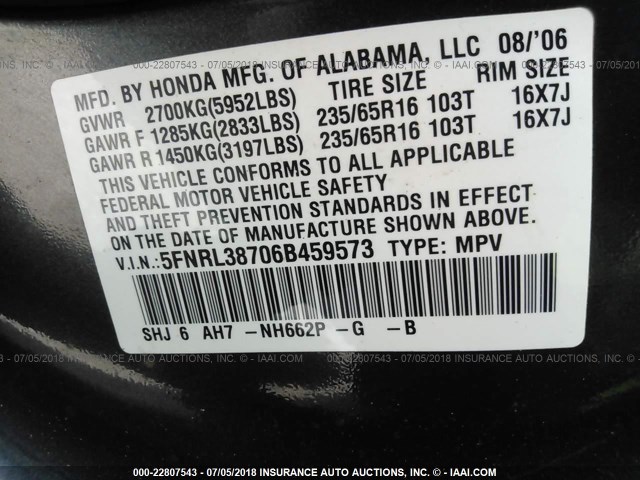 5FNRL38706B459573 - 2006 HONDA ODYSSEY EXL GREEN photo 9