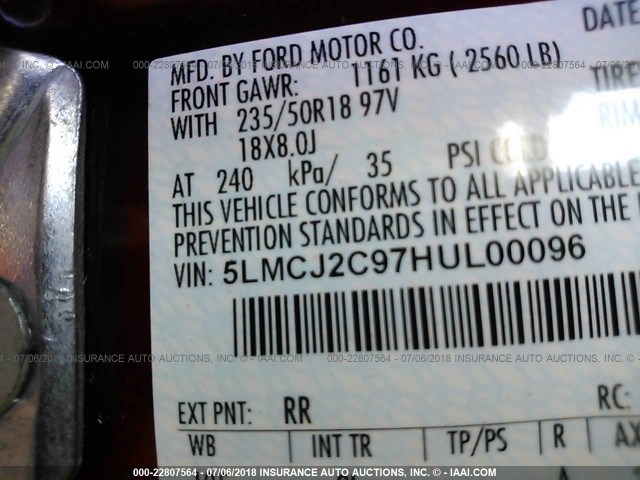 5LMCJ2C97HUL00096 - 2017 LINCOLN MKC SELECT RED photo 9