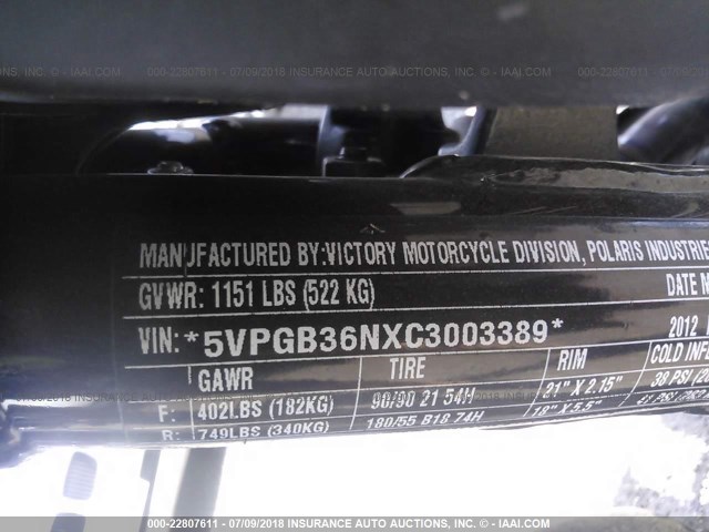 5VPGB36NXC3003389 - 2012 VICTORY MOTORCYCLES VEGAS Կապույտ լուսանկար 10