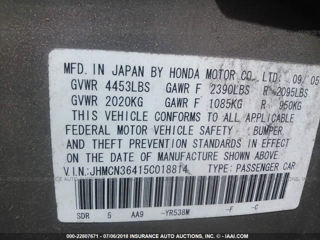 JHMCN36415C018814 - 2005 HONDA ACCORD HYBRID GOLD photo 9