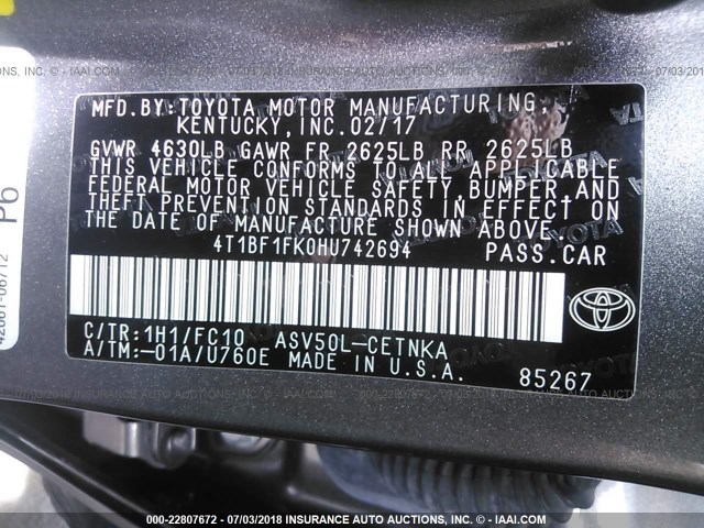 4T1BF1FK0HU742694 - 2017 TOYOTA CAMRY LE/XLE/SE/XSE GRAY photo 9