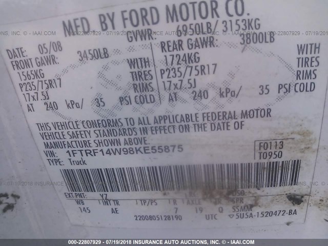 1FTRF14W98KE55875 - 2008 FORD F150 WHITE photo 9