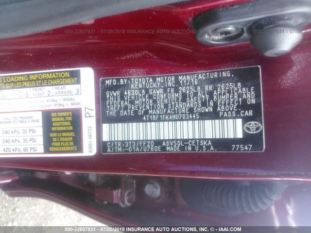 4T1BF1FK4HU703445 - 2017 TOYOTA CAMRY RED photo 9