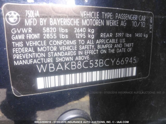 WBAKB8C53BCY66945 - 2011 BMW 750 LI Dark Blue photo 9