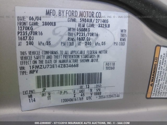 1FMZU73E14ZB34668 - 2004 FORD EXPLORER XLT/XLT SPORT/NBX 银色 照片 9