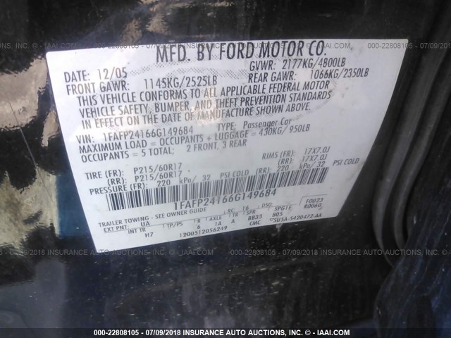 1FAFP24166G149684 - 2006 FORD FIVE HUNDRED SEL BLACK photo 9