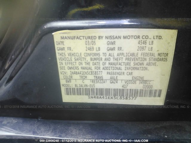 1N4BA41EX5C858577 - 2005 NISSAN MAXIMA SE/SL BLUE photo 9