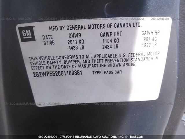 2G2WP552061109881 - 2006 PONTIAC GRAND PRIX BLUE photo 9