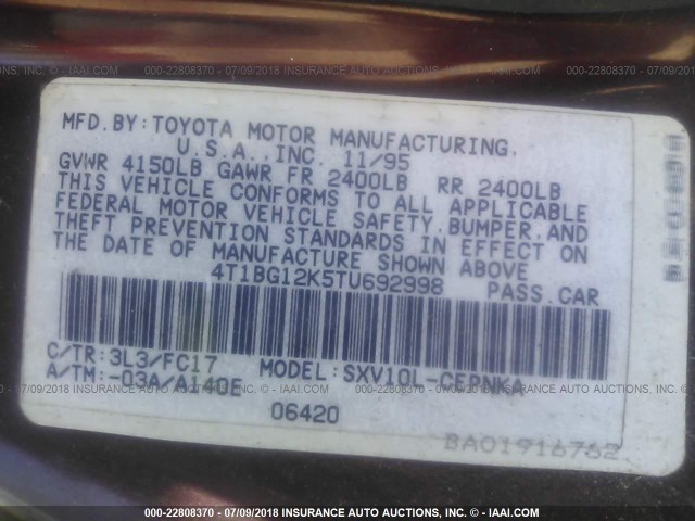 4T1BG12K5TU692998 - 1996 TOYOTA CAMRY DX/LE/XLE BURGUNDY photo 9