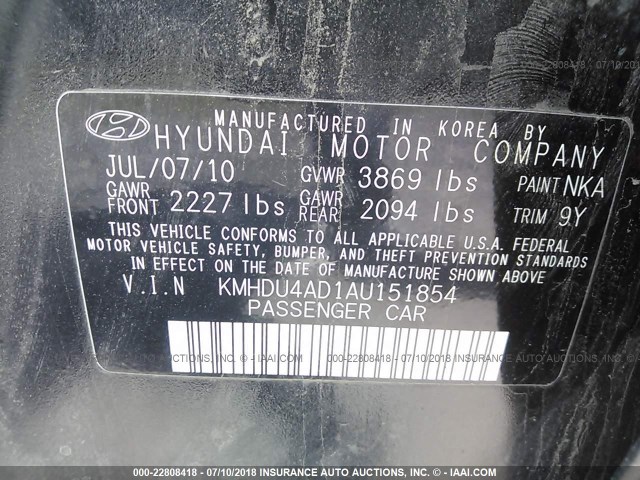 KMHDU4AD1AU151854 - 2010 HYUNDAI ELANTRA BLUE/GLS/SE BLACK photo 9