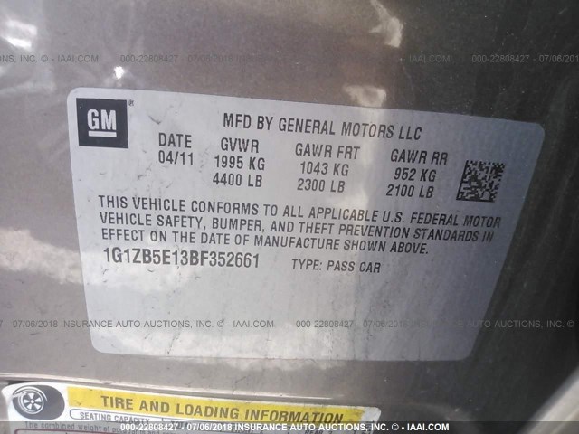1G1ZB5E13BF352661 - 2011 CHEVROLET MALIBU LS GRAY photo 9