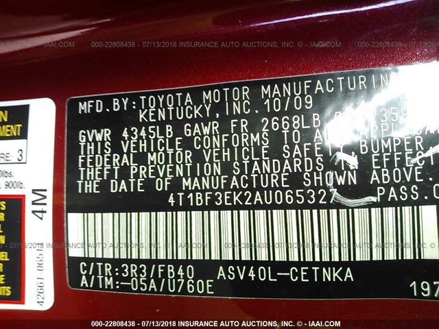 4T1BF3EK2AU065327 - 2010 TOYOTA CAMRY SE/LE/XLE 红色 照片 9