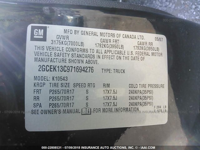 2GCEK13C971694276 - 2007 CHEVROLET SILVERADO K1500 CREW CAB BLACK photo 9