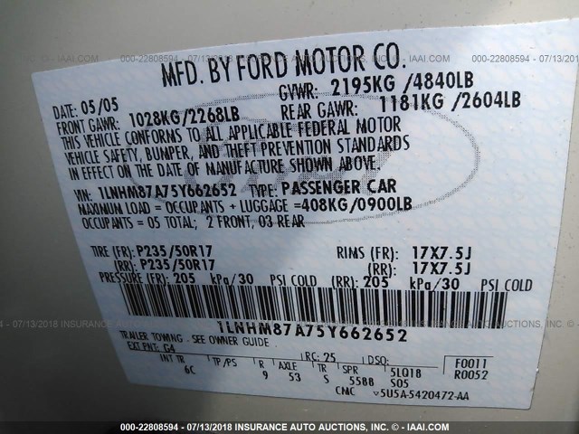 1LNHM87A75Y662652 - 2005 LINCOLN LS 青色 照片 9