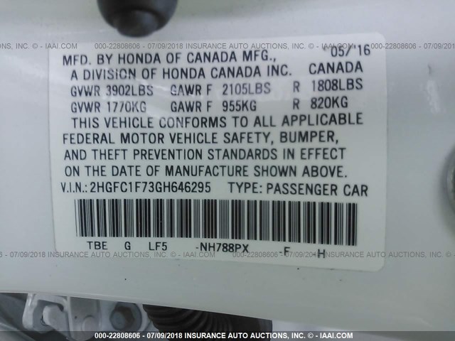 2HGFC1F73GH646295 - 2016 HONDA CIVIC EXL 白色 照片 9