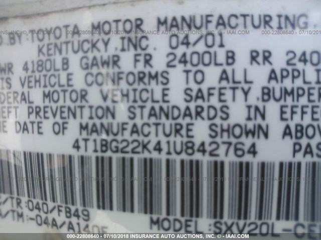 4T1BG22K41U842764 - 2001 TOYOTA CAMRY CE/LE/XLE WHITE photo 9