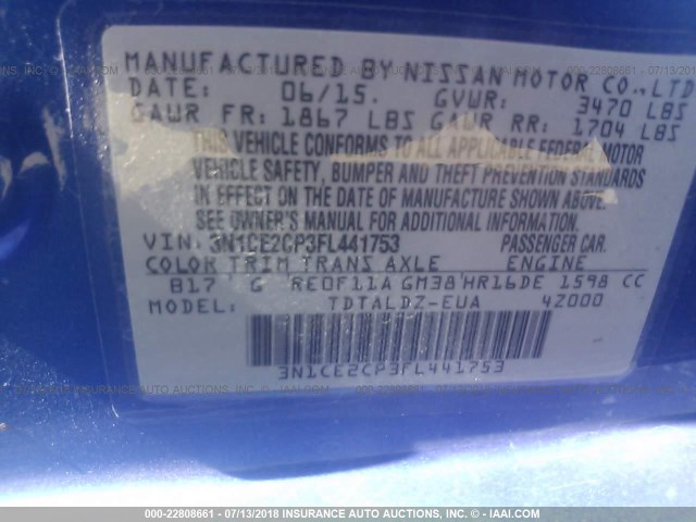 3N1CE2CP3FL441753 - 2015 NISSAN VERSA NOTE S/S PLUS/SV/SL/SR BLUE photo 9