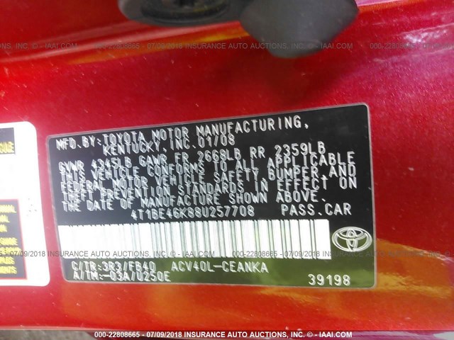 4T1BE46K88U257708 - 2008 TOYOTA CAMRY CE/LE/XLE/SE RED photo 9