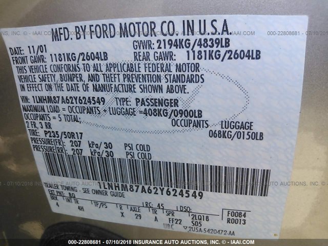 1LNHM87A62Y624549 - 2002 LINCOLN LS 金色 照片 9