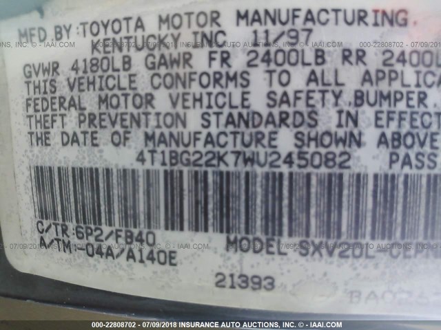 4T1BG22K7WU245082 - 1998 TOYOTA CAMRY CE/LE/XLE მწვანე ფოტო 9