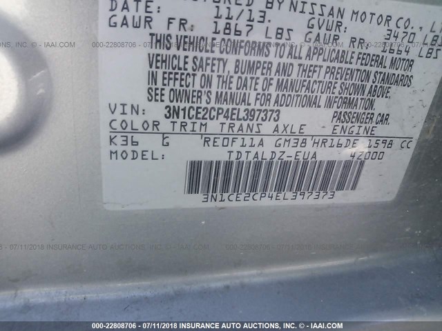 3N1CE2CP4EL397373 - 2014 NISSAN VERSA NOTE S/S PLUS/SV/SL GRAY photo 9