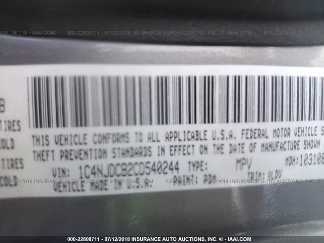 1C4NJDCB2CD540244 - 2012 JEEP COMPASS LIMITED GRAY photo 9