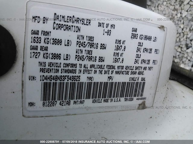 1D4HS48N93F549625 - 2003 DODGE DURANGO SLT WHITE photo 9