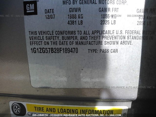 1G1ZG57B28F189470 - 2008 CHEVROLET MALIBU LS 棕色 照片 9