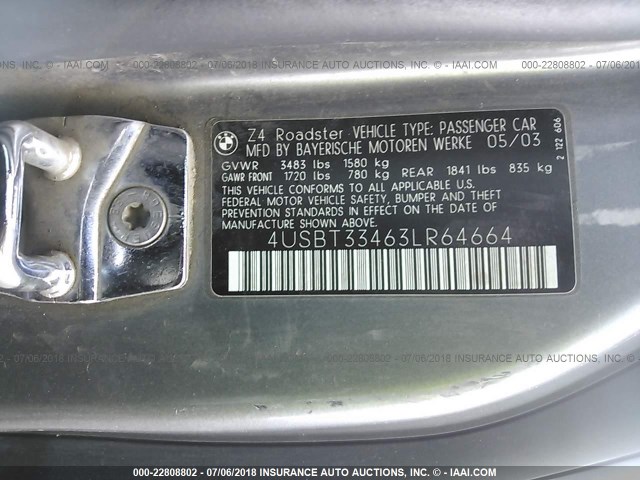 4USBT33463LR64664 - 2003 BMW Z4 2.5 GRAY photo 9