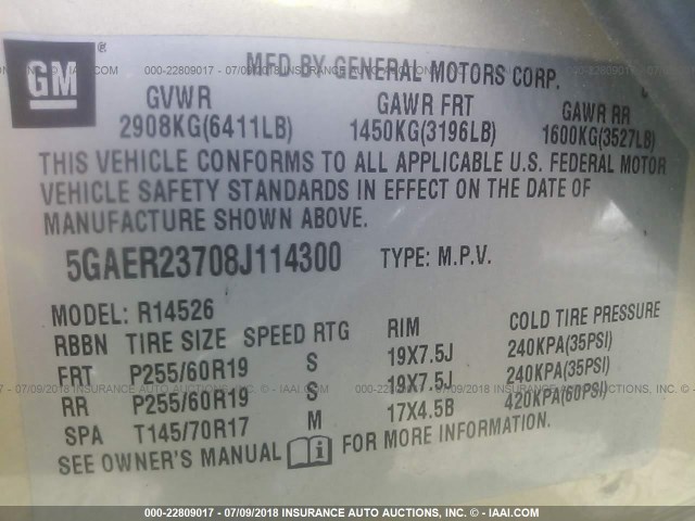 5GAER23708J114300 - 2008 BUICK ENCLAVE CXL 金色 照片 9