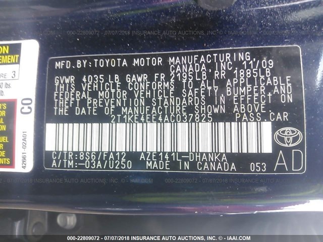 2T1KE4EE4AC037825 - 2010 TOYOTA COROLLA MATRIX S BLUE photo 9