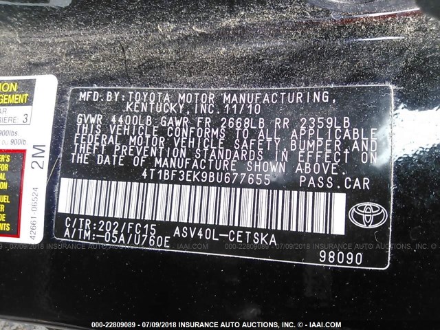 4T1BF3EK9BU677655 - 2011 TOYOTA CAMRY SE/LE/XLE 黑色 照片 9