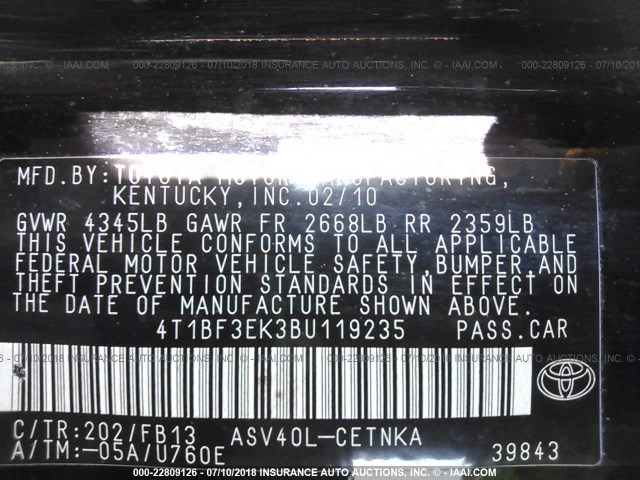 4T1BF3EK3BU119235 - 2011 TOYOTA CAMRY SE/LE/XLE შავი ფოტო 9