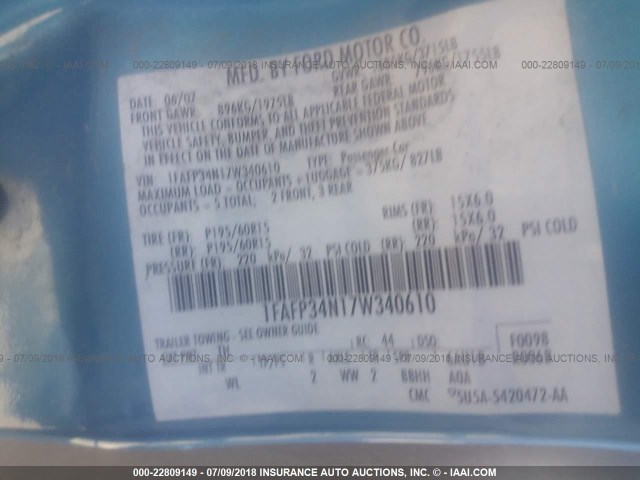 1FAFP34N17W340610 - 2007 FORD FOCUS ZX4/S/SE/SES 蓝色 照片 9