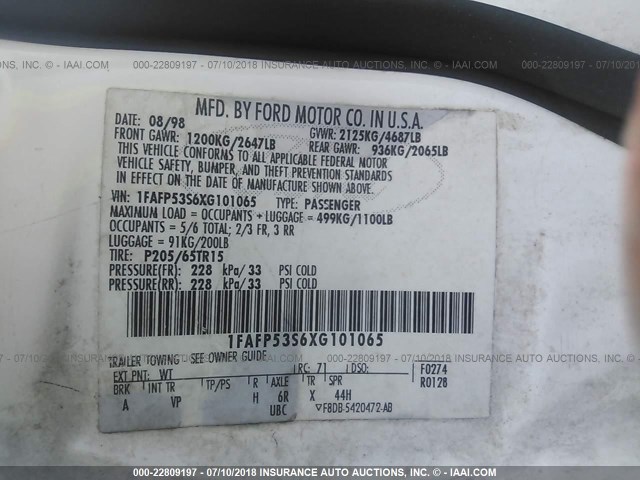 1FAFP53S6XG101065 - 1999 FORD TAURUS SE/COMFORT/SPORT WHITE photo 9