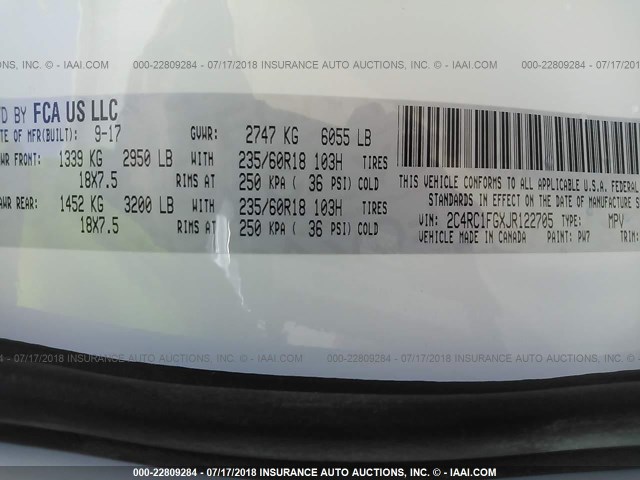 2C4RC1FGXJR122705 - 2018 CHRYSLER PACIFICA TOURING PLUS WHITE photo 9