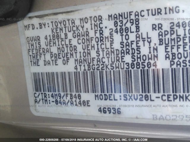 4T1BG22K5WU308504 - 1998 TOYOTA CAMRY CE/LE/XLE TAN photo 9