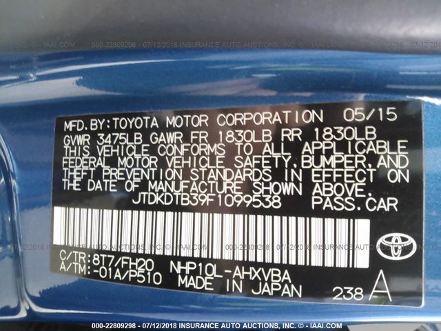 JTDKDTB39F1099538 - 2015 TOYOTA PRIUS C BLUE photo 9