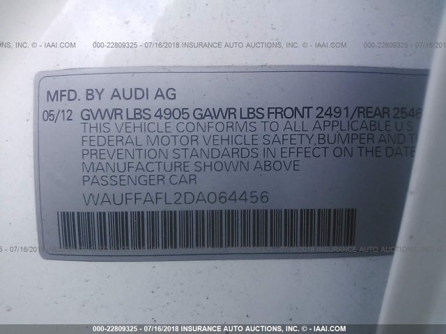 WAUFFAFL2DA064456 - 2013 AUDI A4 PREMIUM PLUS WHITE photo 9