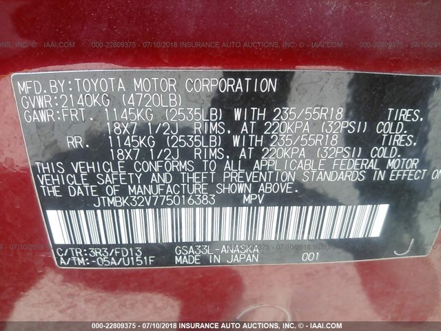 JTMBK32V775016383 - 2007 TOYOTA RAV4 SPORT RED photo 9