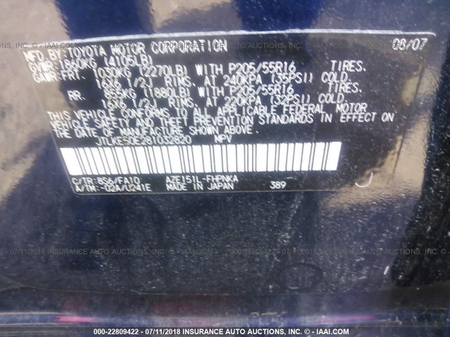 JTLKE50E281032820 - 2008 TOYOTA SCION XB Mavi foto 9