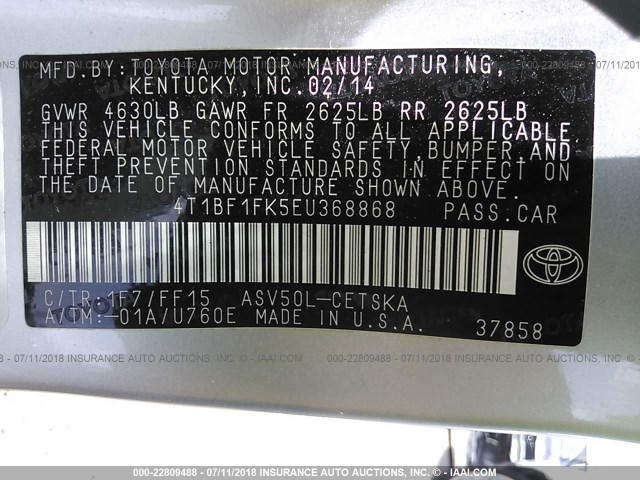 4T1BF1FK5EU368868 - 2014 TOYOTA CAMRY L/SE/LE/XLE ვერცხლისფერი ფოტო 9